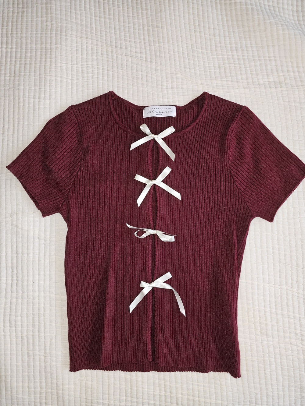Burgundy Ribbed Short Sleeve Top With Bows - American Threads